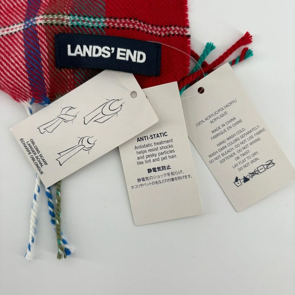 LANDS' END Plaid Scarf Red Green Acrylic Oblong Winter Anti Static Preppy Tartan